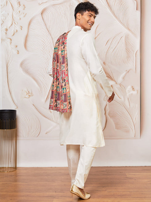 Men's Cream Viscose Kurta, Pant And Dupatta Set